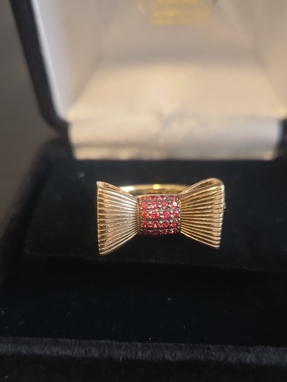 Gold Bow Ring with Red Synthetic Gemstone